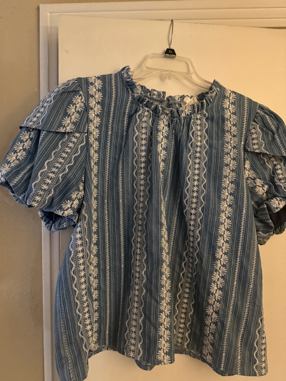 Blue Embroidered Puff-Sleeve Peasant Blouse - Picture 2 of 6